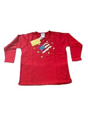 The Quacker Factory QVC Red Womens Patriotic 1X Embellished Sequin Sweater  NWT
